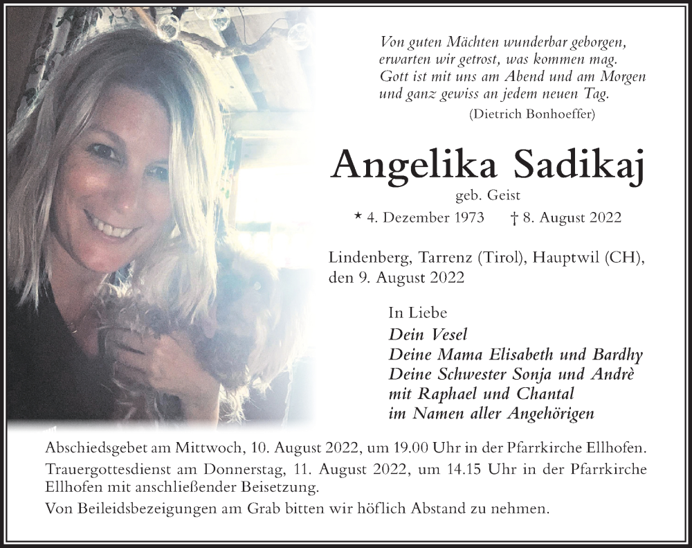 Traueranzeige für Angelika Sadikaj vom 09.08.2022 aus Der Westallgäuer