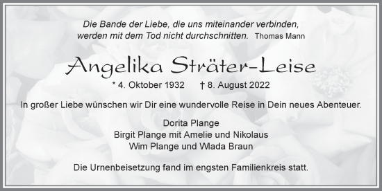 Traueranzeige von Angelika Sträter-Leise von Allgäuer Zeitung, Füssen