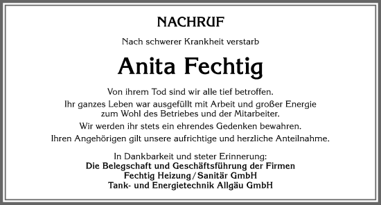 Traueranzeige von Anita Fechtig von Allgäuer Anzeigeblatt