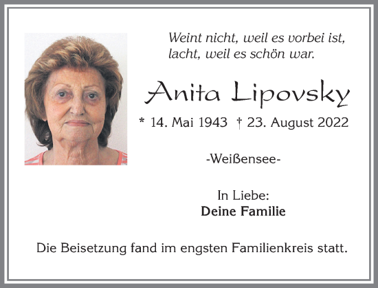 Traueranzeige von Anita Lipovsky von Allgäuer Zeitung, Füssen