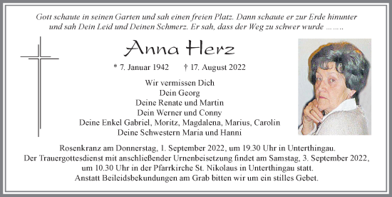 Traueranzeige von Anna Herz von Allgäuer Zeitung, Marktoberdorf