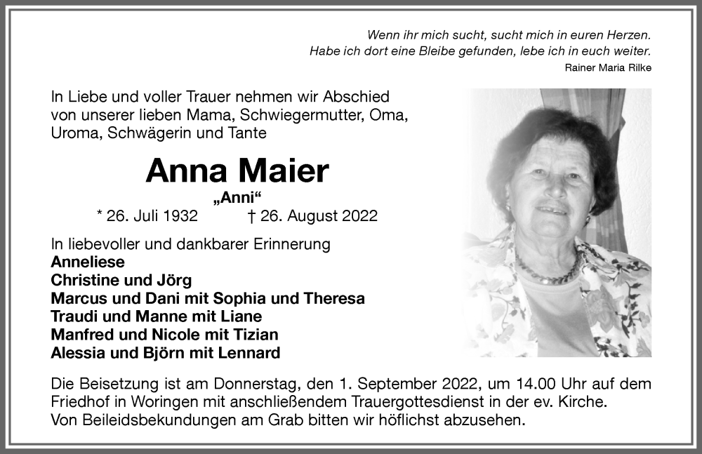  Traueranzeige für Anna Maier vom 30.08.2022 aus Memminger Zeitung