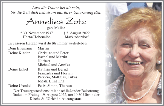 Traueranzeige von Annelies Zotz von Allgäuer Zeitung, Marktoberdorf