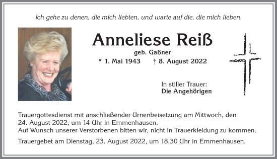 Traueranzeige von Anneliese Reiß von Allgäuer Zeitung, Kaufbeuren/Buchloe