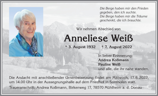 Traueranzeige von Anneliese Weiß von Allgäuer Anzeigeblatt