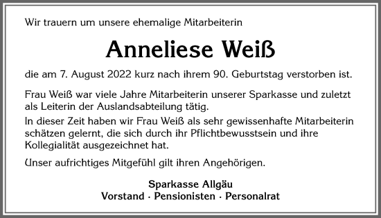 Traueranzeige von Anneliese Weiß von Allgäuer Anzeigeblatt