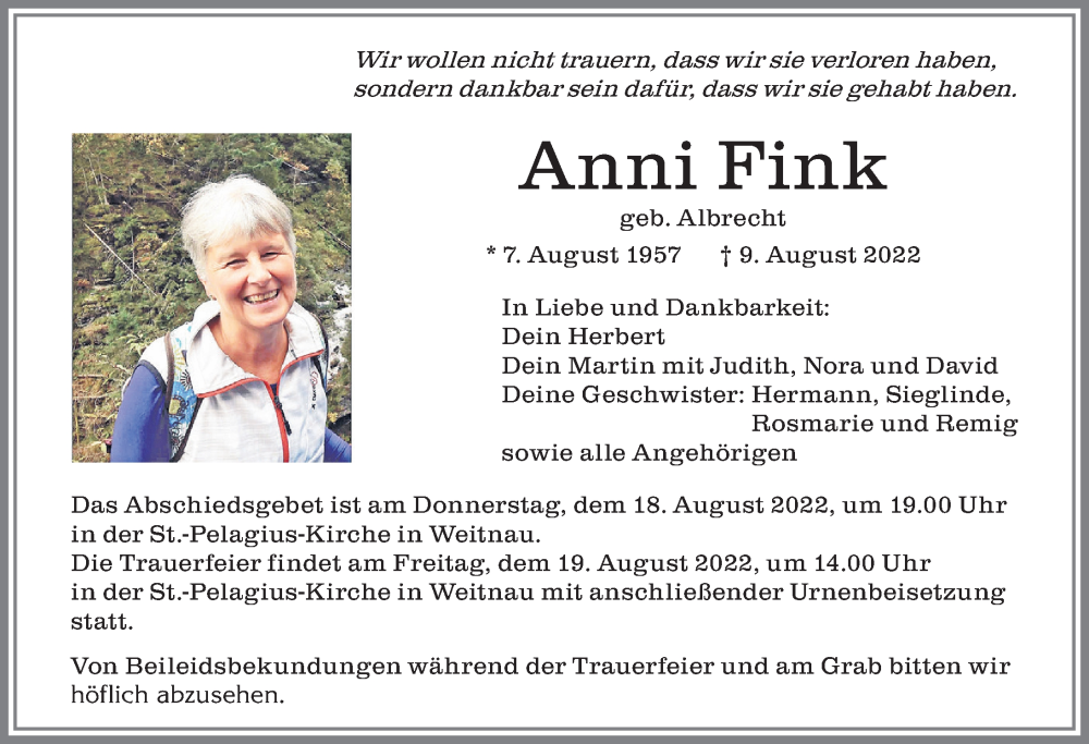  Traueranzeige für Anni Fink vom 13.08.2022 aus Allgäuer Zeitung,Kempten