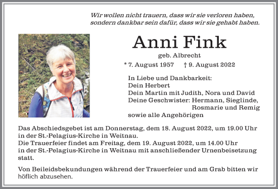 Traueranzeige von Anni Fink von Allgäuer Zeitung,Kempten