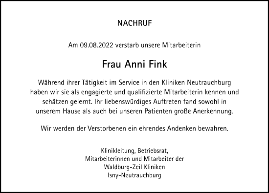 Traueranzeige von Anni Fink von Allgäuer Zeitung, Gesamtausgabe