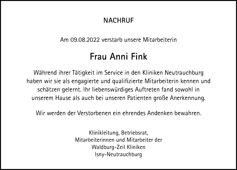  Traueranzeige für Anni Fink vom 20.08.2022 aus Allgäuer Zeitung, Gesamtausgabe
