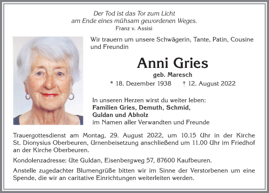 Traueranzeige von Anni Gries von Allgäuer Zeitung, Kaufbeuren/Buchloe
