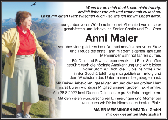 Traueranzeige von Anni Maier von Memminger Zeitung