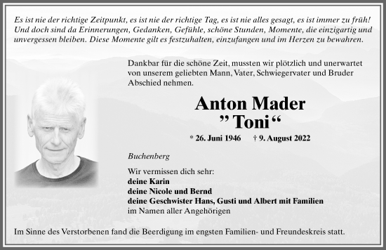 Traueranzeige von Anton Mader von Allgäuer Zeitung,Kempten