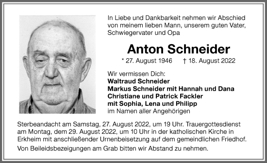 Traueranzeige von Anton Schneider von Memminger Zeitung