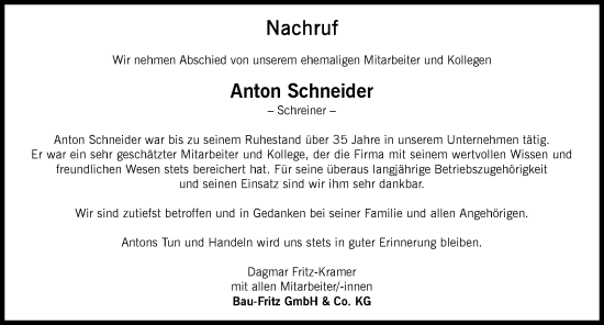 Traueranzeige von Anton Schneider von Memminger Zeitung