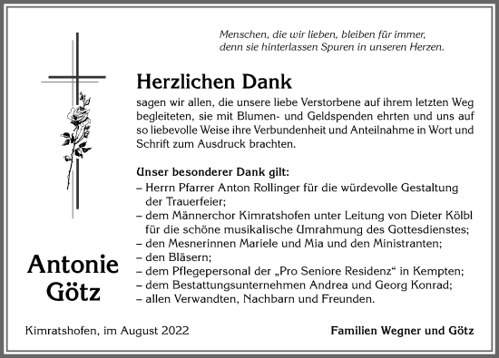 Traueranzeige von Antonie Götz von Allgäuer Zeitung,Kempten