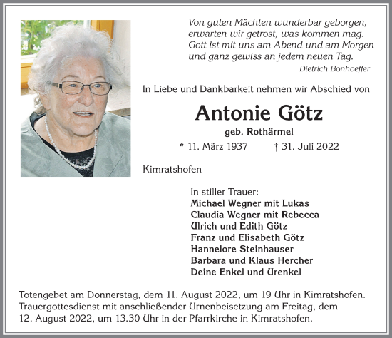 Traueranzeige von Antonie Götz von Allgäuer Zeitung,Kempten