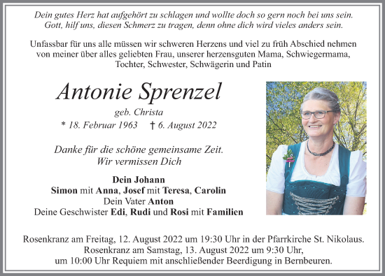 Traueranzeige von Antonie Sprenzel von Allgäuer Zeitung, Füssen