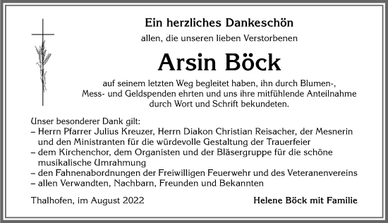 Traueranzeige von Arsin Böck von Allgäuer Zeitung, Kaufbeuren/Buchloe