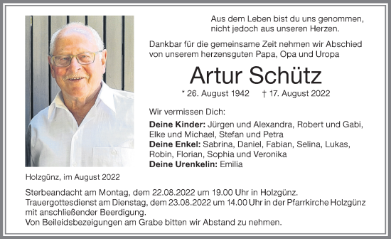 Traueranzeige von Artur Schütz von Memminger Zeitung