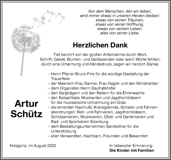 Traueranzeige von Artur Schütz von Memminger Zeitung