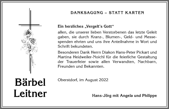 Traueranzeige von Bärbel Leitner von Allgäuer Anzeigeblatt