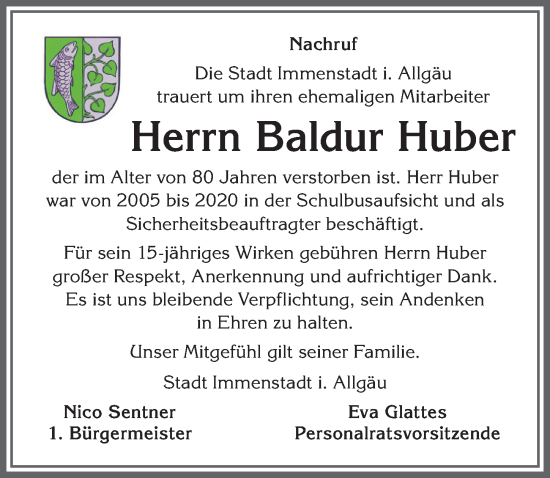 Traueranzeige von Baldur Huber von Allgäuer Anzeigeblatt
