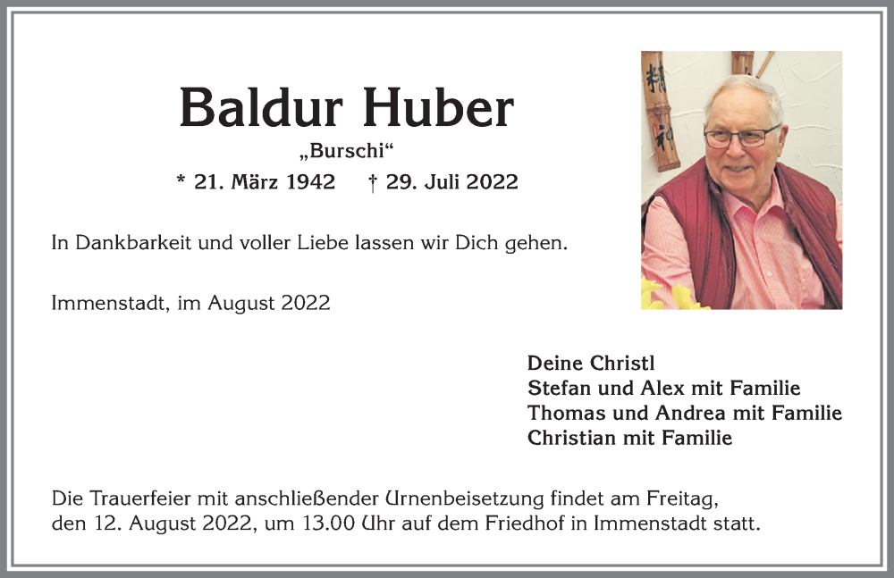  Traueranzeige für Baldur Huber vom 06.08.2022 aus Allgäuer Anzeigeblatt