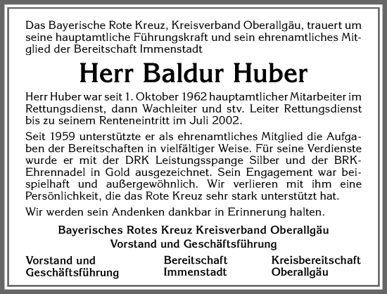 Traueranzeige von Baldur Huber von Allgäuer Anzeigeblatt