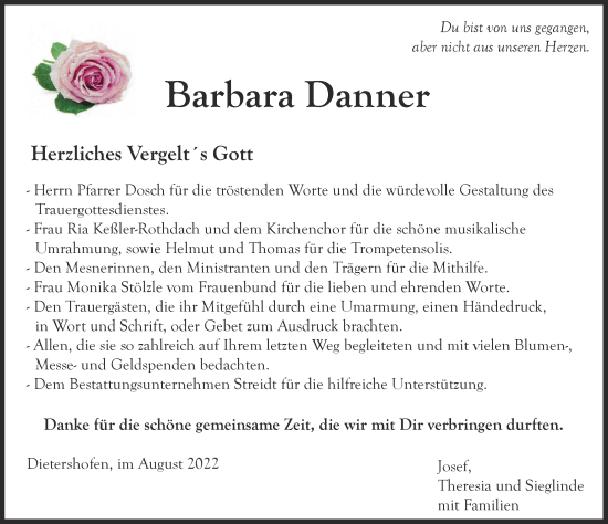 Traueranzeige von Barbara Danner von Memminger Zeitung