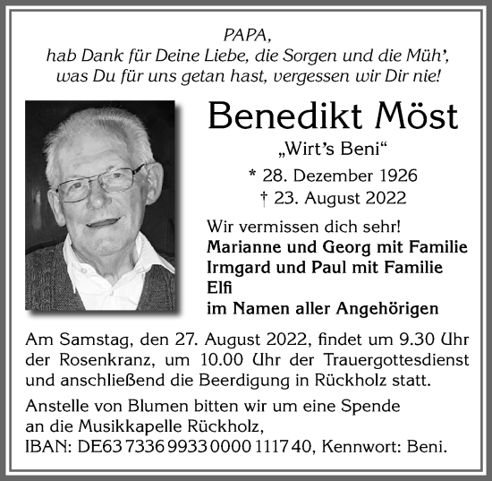 Traueranzeige von Benedikt Möst von Allgäuer Zeitung, Marktoberdorf