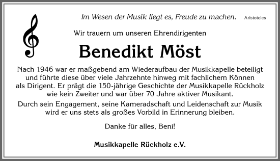 Traueranzeige von Benedikt Möst von Allgäuer Zeitung, Füssen