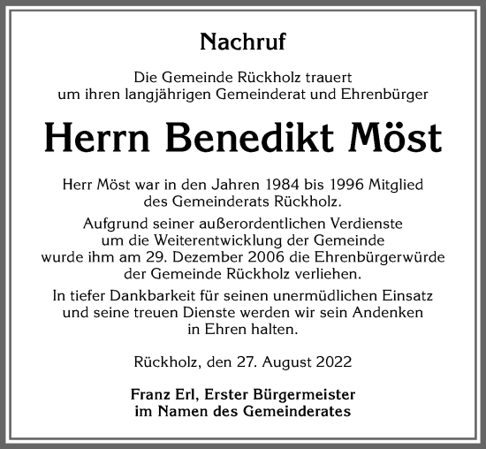 Traueranzeige von Benedikt Möst von Allgäuer Zeitung, Füssen