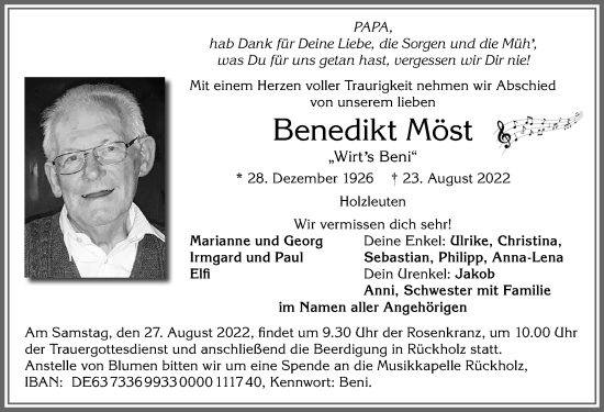 Traueranzeige von Benedikt Möst von Allgäuer Zeitung, Füssen