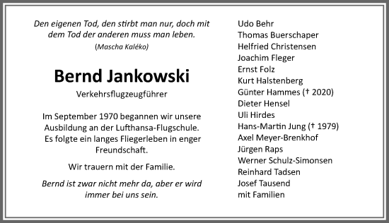 Traueranzeige von Bernd Jankowski von Allgäuer Zeitung, Marktoberdorf