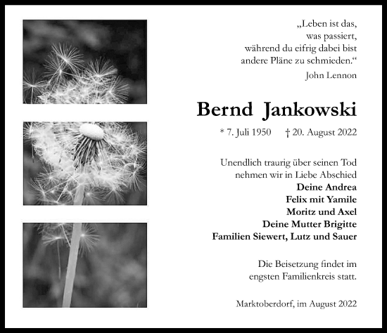 Traueranzeige von Bernd Jankowski von Allgäuer Zeitung, Kaufbeuren/Buchloe