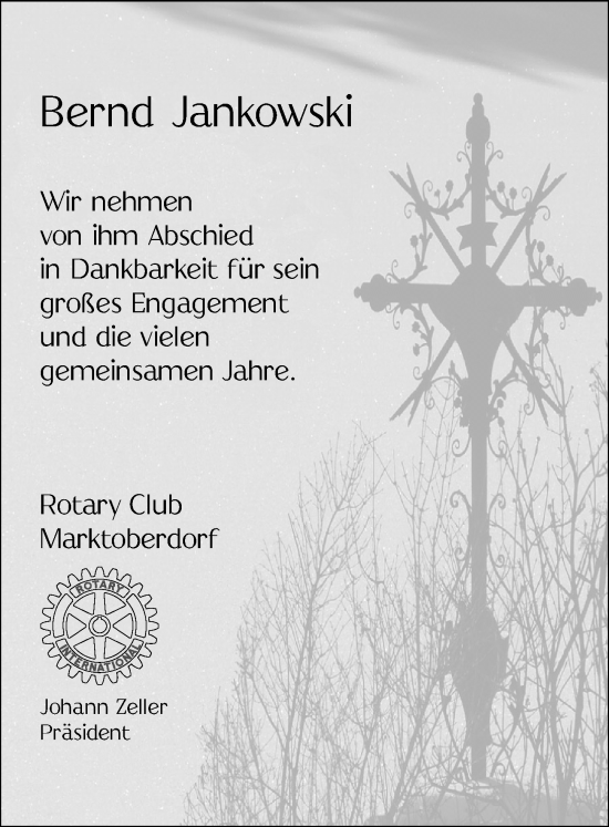 Traueranzeige von Bernd Jankowski von Allgäuer Zeitung, Marktoberdorf