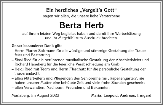 Traueranzeige von Berta Herb von Allgäuer Zeitung,Kempten