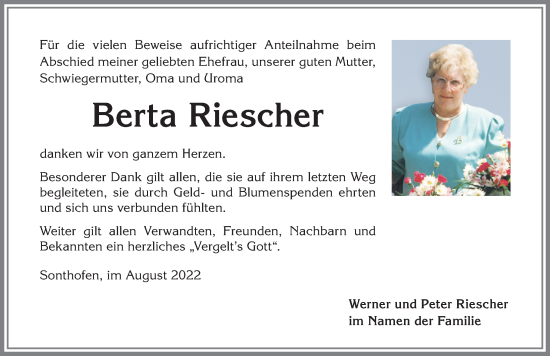 Traueranzeige von Berta Riescher von Allgäuer Anzeigeblatt
