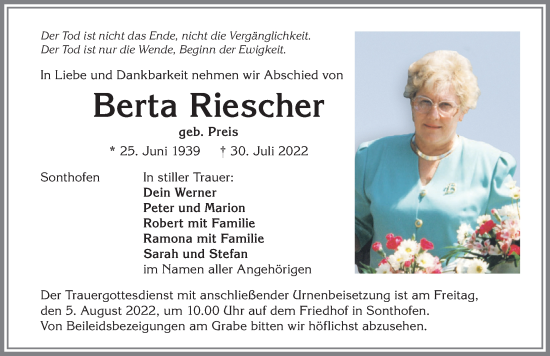 Traueranzeige von Berta Riescher von Allgäuer Anzeigeblatt