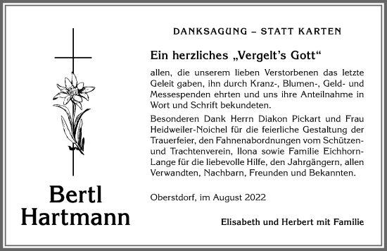 Traueranzeige von Bertl Hartmann von Allgäuer Anzeigeblatt