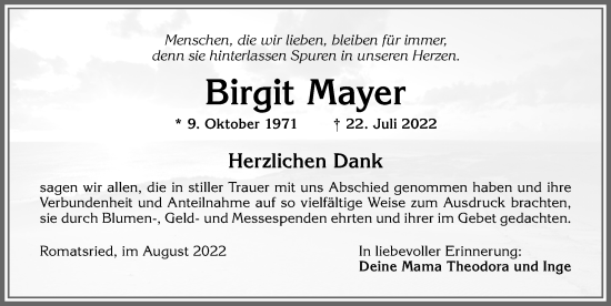 Traueranzeige von Birgit Mayer von Allgäuer Zeitung, Kaufbeuren/Buchloe