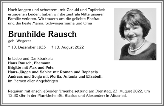 Traueranzeige von Brunhilde Rausch von Allgäuer Zeitung,Kempten