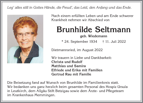 Traueranzeige von Brunhilde Seltmann von Allgäuer Zeitung,Kempten