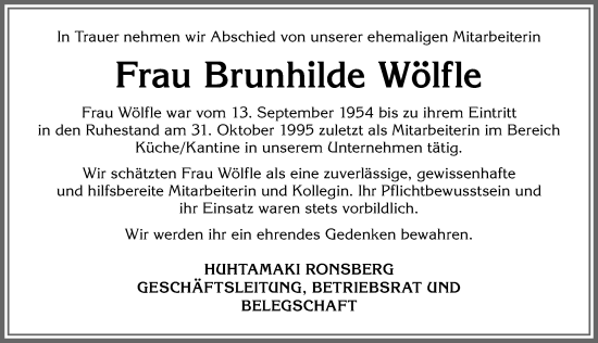 Traueranzeige von Brunhilde Wölfle von Memminger Zeitung
