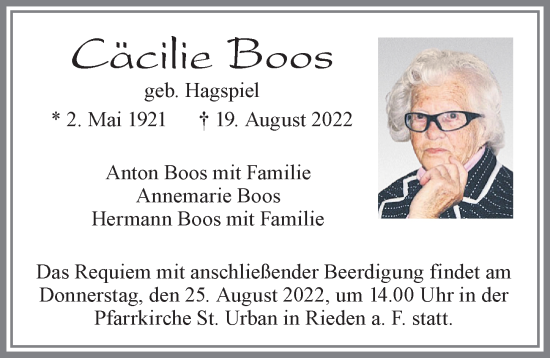 Traueranzeige von Cäcilie Boos von Allgäuer Zeitung, Füssen