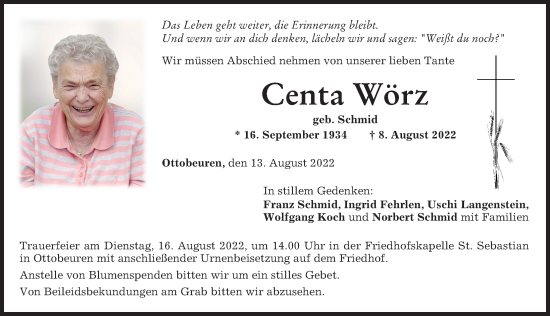 Traueranzeige von Centa Wörz von Memminger Zeitung