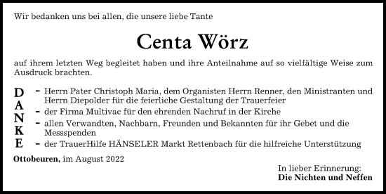 Traueranzeige von Centa Wörz von Memminger Zeitung