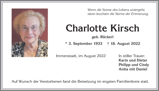 Traueranzeige von Charlotte Kirsch von Allgäuer Anzeigeblatt