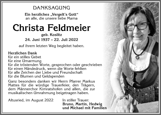 Traueranzeige von Christa Feldmeier von Allgäuer Zeitung,Kempten